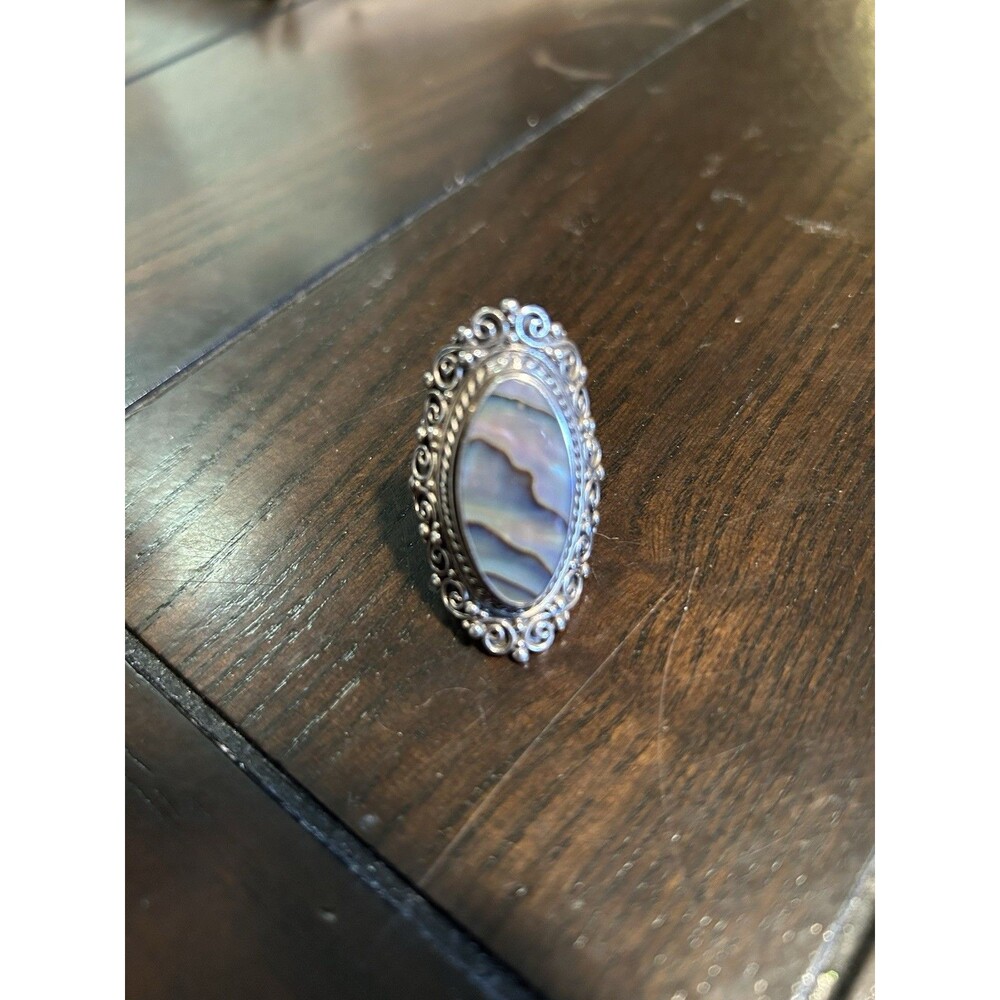 Samuel B Sterling Silver 925 Scroll Filigree Abalone Heavy Ring Sz 7.5 Signed